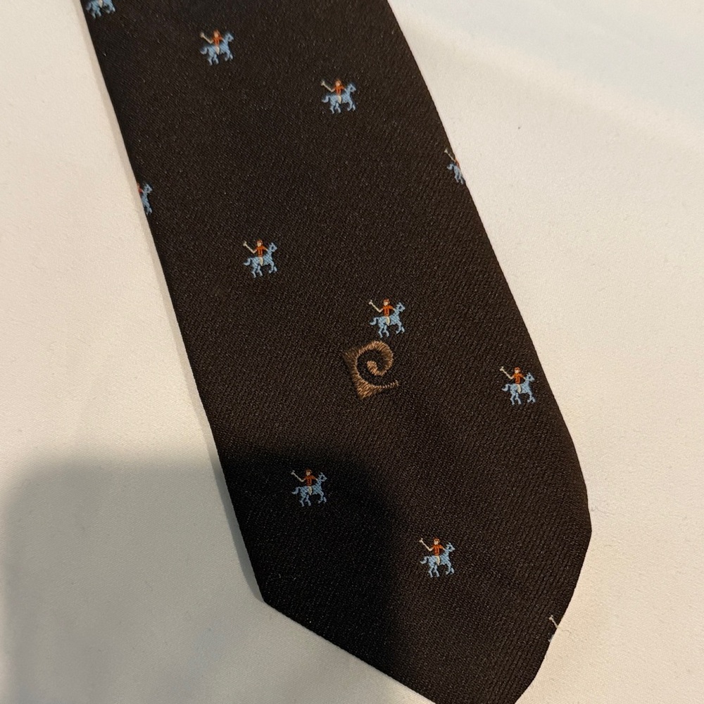 Elegant brown Vtg Pierre Cardin Tie with Blue Horse Motif